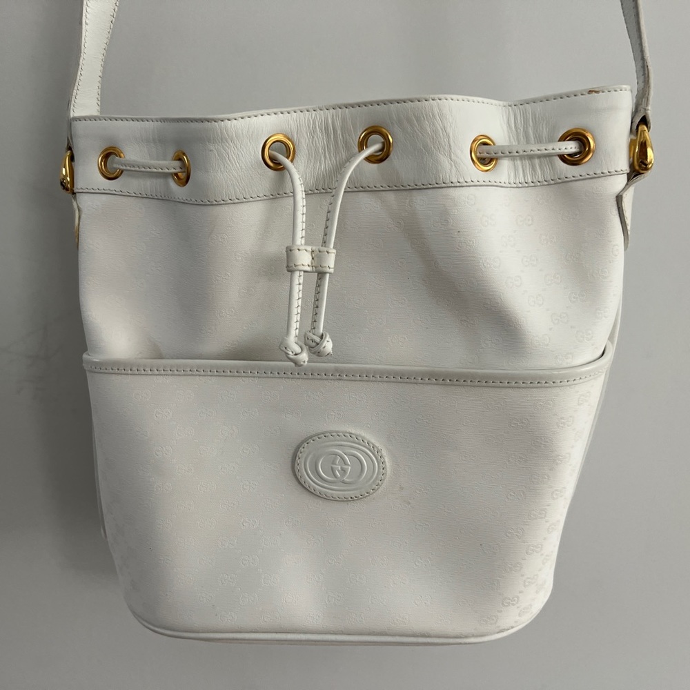 Vintage Gucci White Leather and Canvas Bucket Bag OPHIDIA BUCKET CROSSBODY BAG